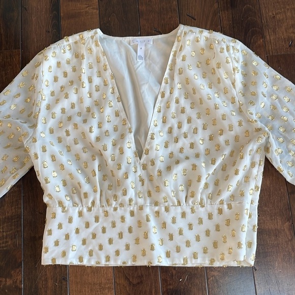 Leith Shirred V-Neck Women's M Long Sleeve Blouse Ivory Gold Metallic Cropped - Picture 3 of 12